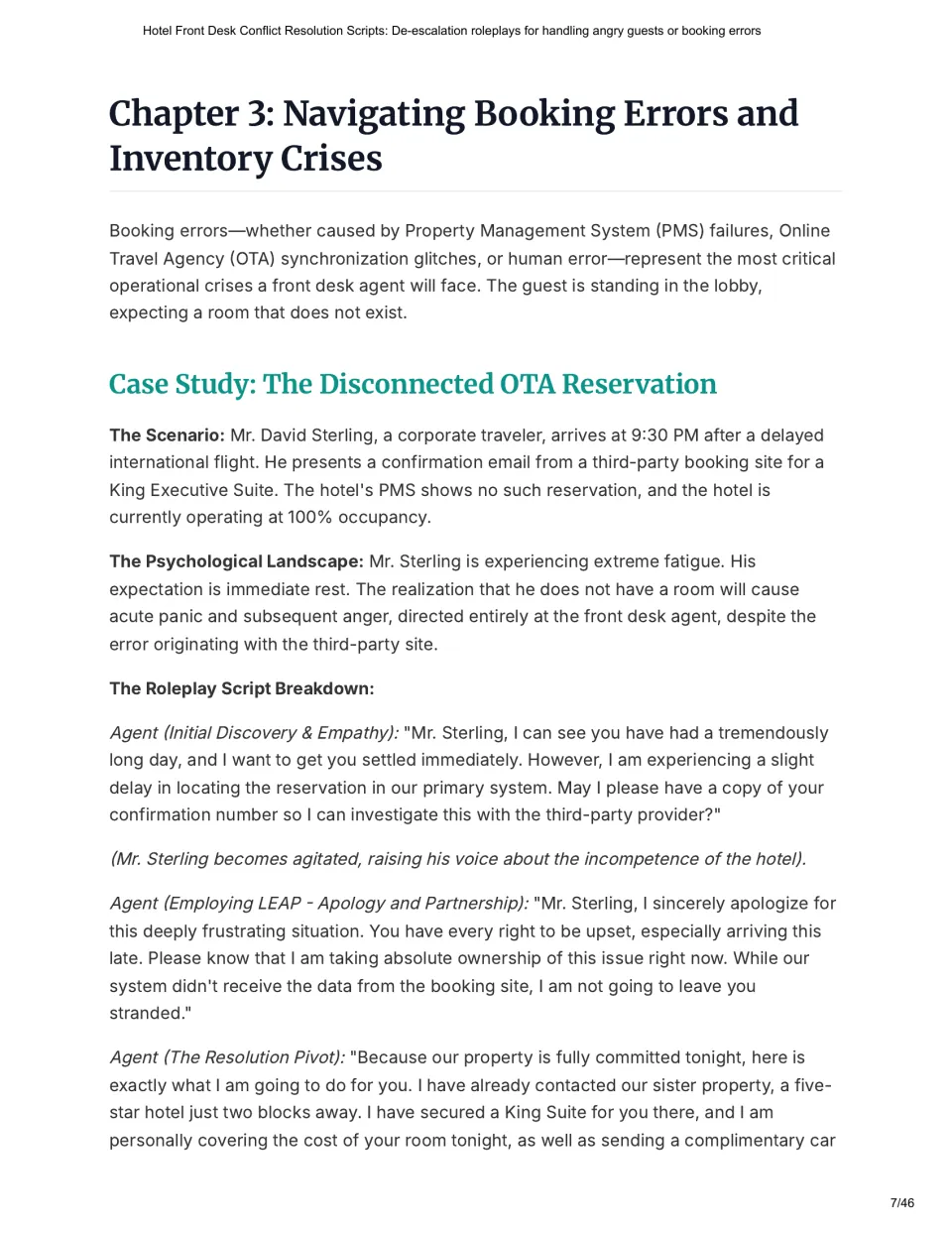 Chapter 3 presents a missing third-party reservation case and agent scripts for empathy and guest relocation.