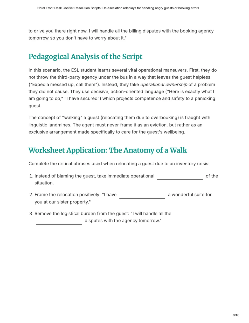 Chapter 3 continues the relocation script, analyzes its language, and provides three phrase completion tasks.