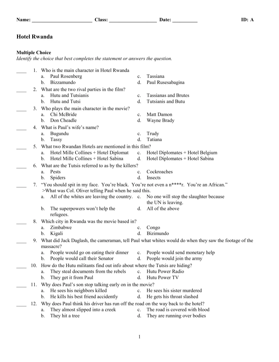 Hotel Rwanda film quiz, version A: students answer 12 multiple-choice questions on characters, cast and setting