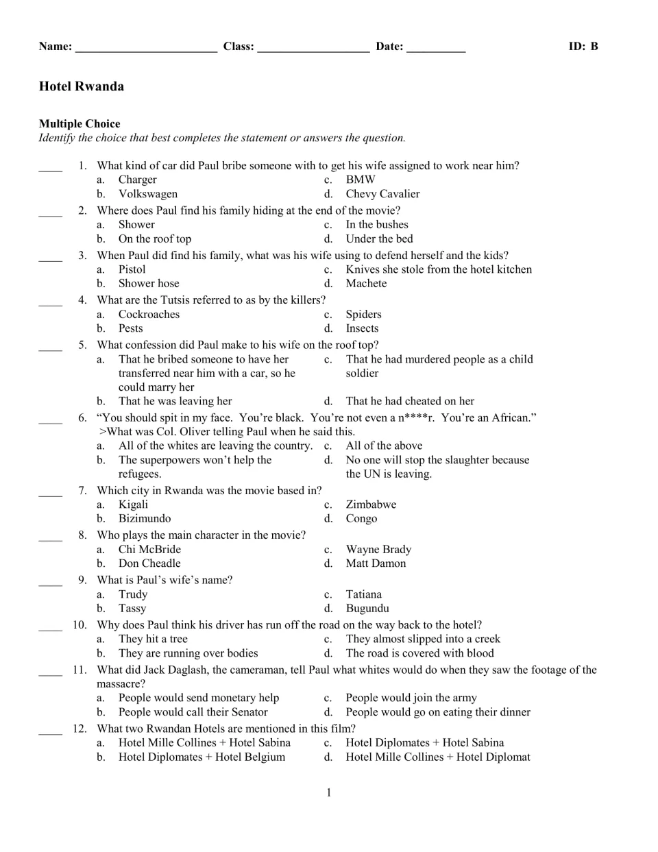 Version B film quiz: the same questions reordered, opening with Paul's bribe, the family's hiding place and Kigali