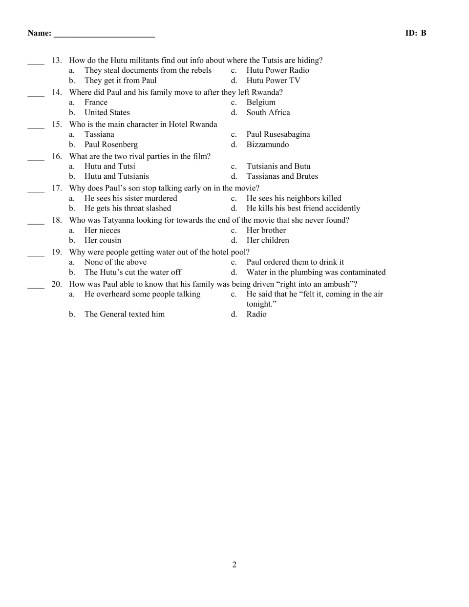 Version B questions 13-20: multiple choice on Hutu Power Radio, the family's move, the rival groups and the ambush