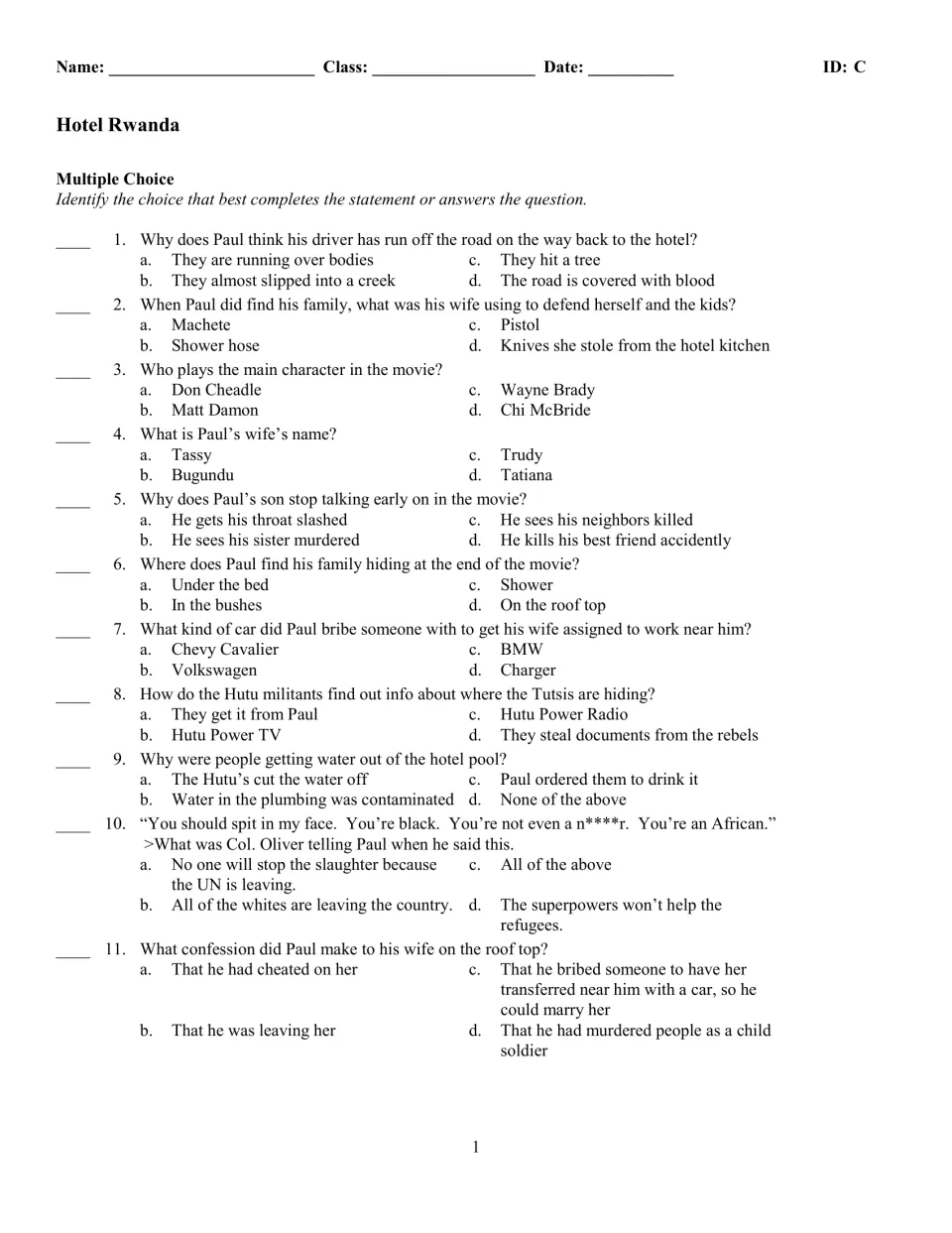 Version C film quiz: 11 multiple-choice questions starting with the road back to the hotel and the lead actor