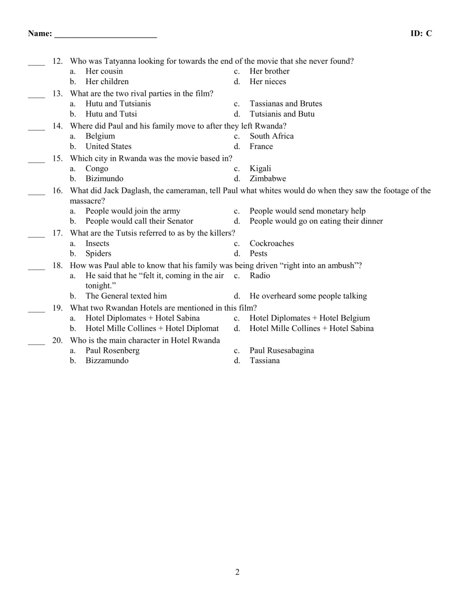 Version C questions 12-20: multiple choice on Tatyanna's search, Kigali, the cameraman's warning and the two hotels