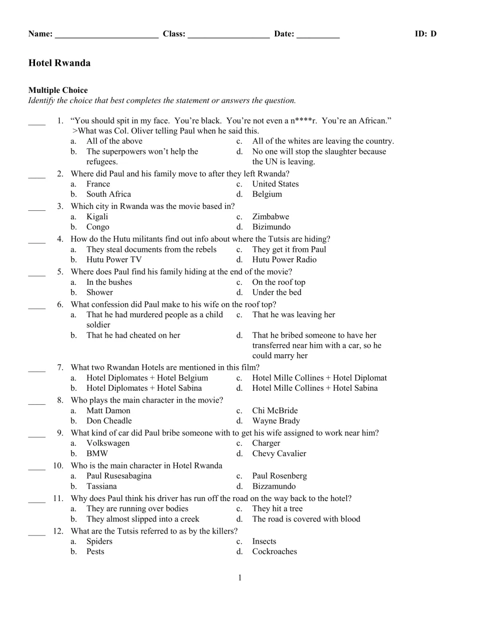Version D film quiz: 12 multiple-choice questions opening with Col. Oliver's quote about the UN and the superpowers