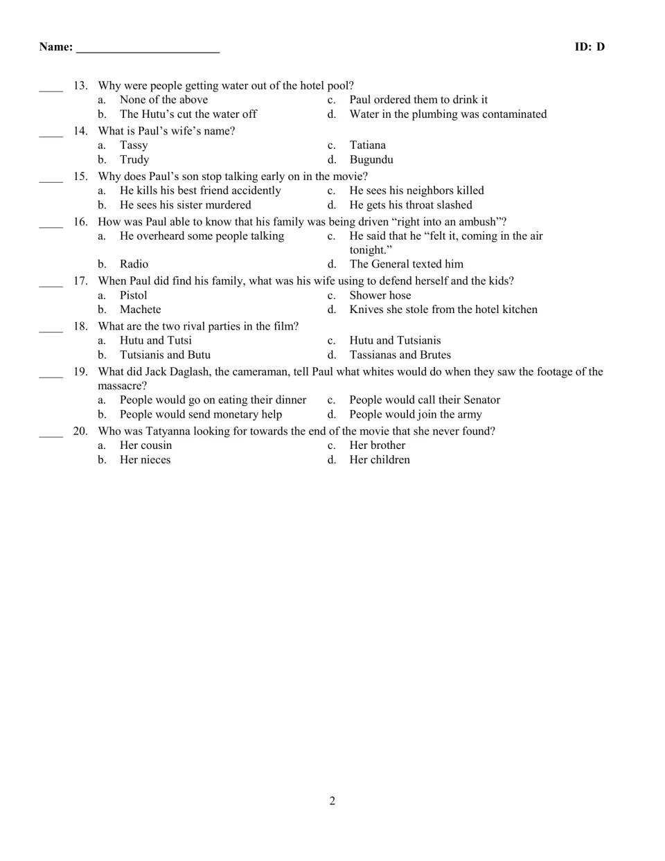 Version D questions 13-20: multiple choice on the hotel pool, Paul's son, the ambush warning and the rival parties