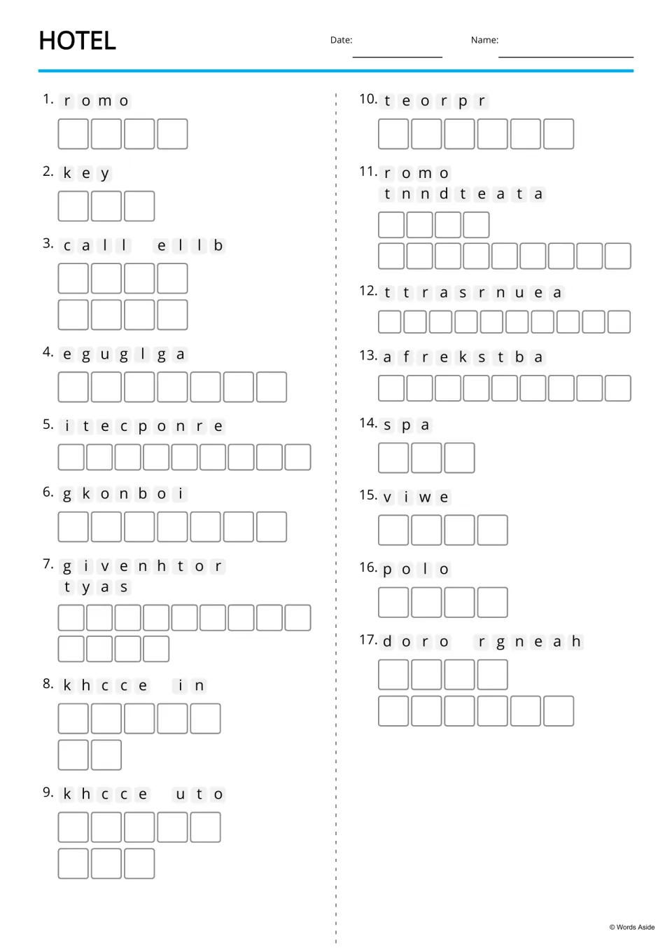 Hotel vocabulary scramble: students unscramble 17 words such as room, luggage and porter, writing one letter per box