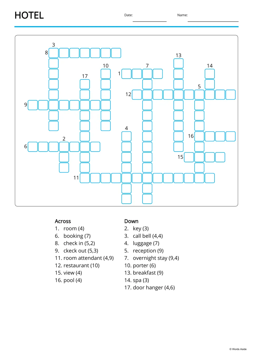 Hotel vocabulary crossword: students fill in 17 words like reception and door hanger using the Across and Down clues
