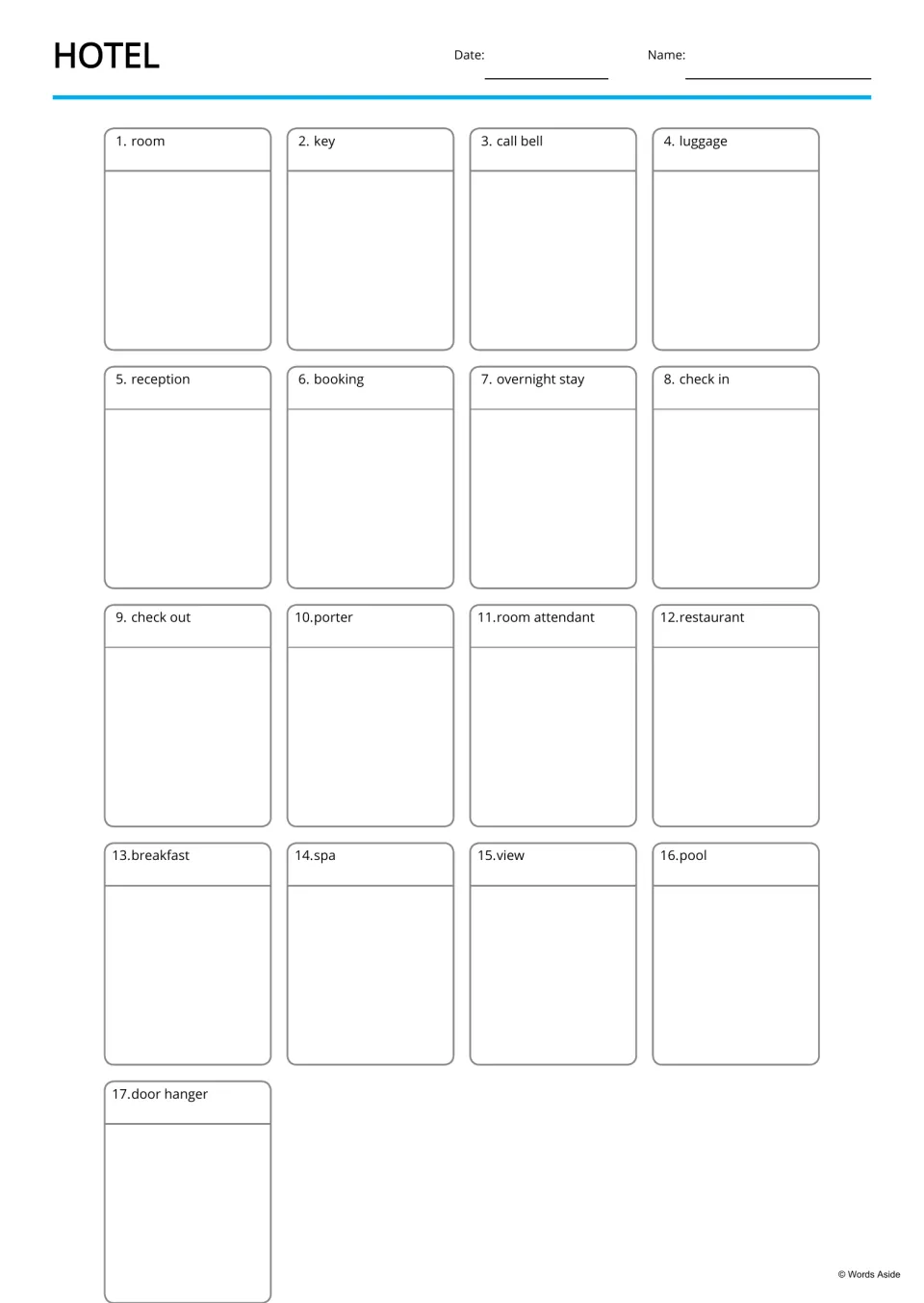 Hotel picture dictionary: students draw or add a picture for each of 17 words, from room and key to door hanger