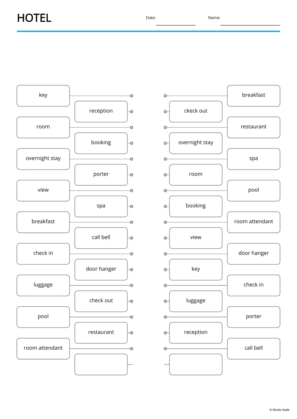 Hotel word matching: students draw lines to link each word, such as key, spa and porter, with its identical partner