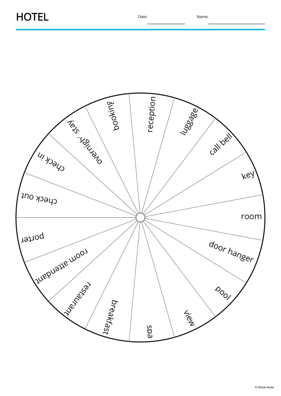 Hotel vocabulary wheel split into 17 word segments, from reception and key to spa and pool, for spin-and-say games