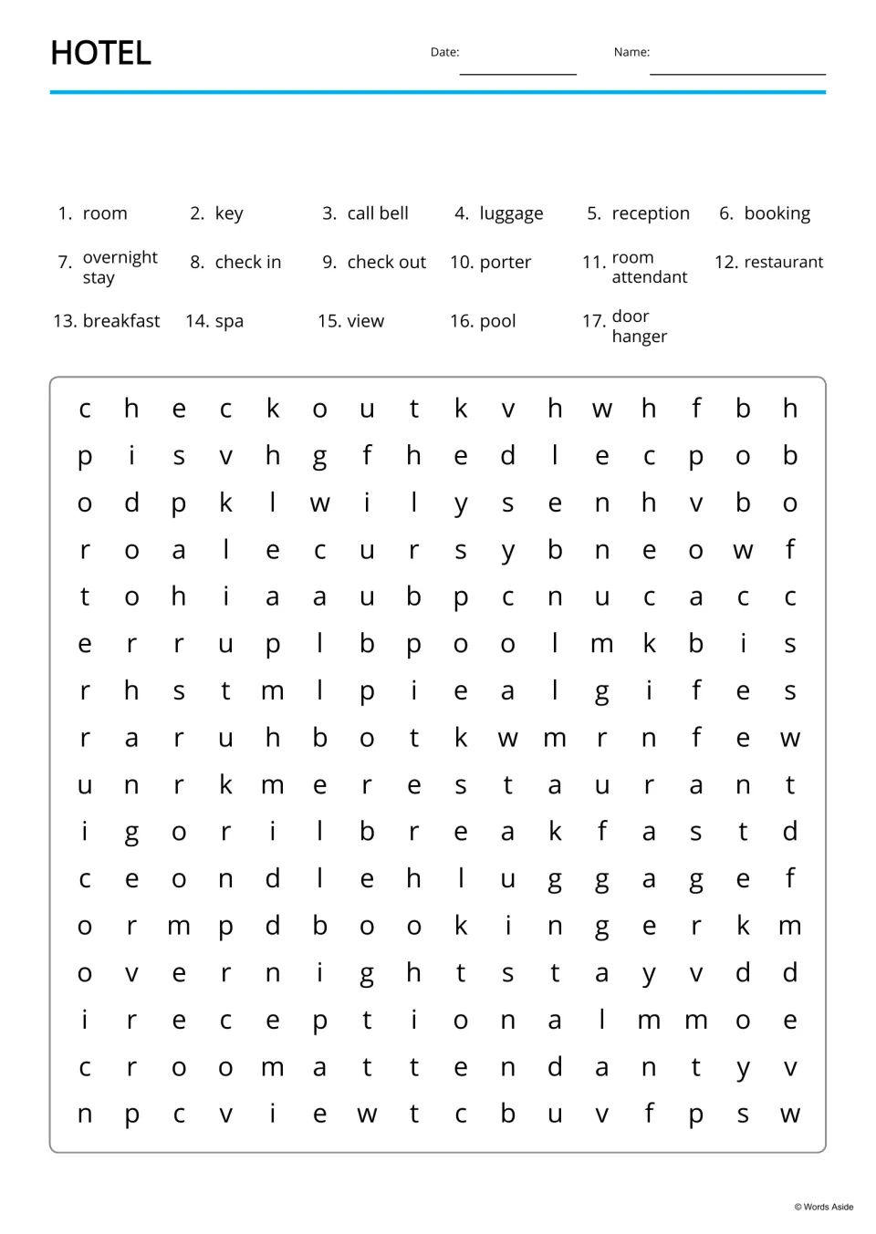 Hotel word search: students find 17 listed words, including check out, restaurant and overnight stay, among the letters