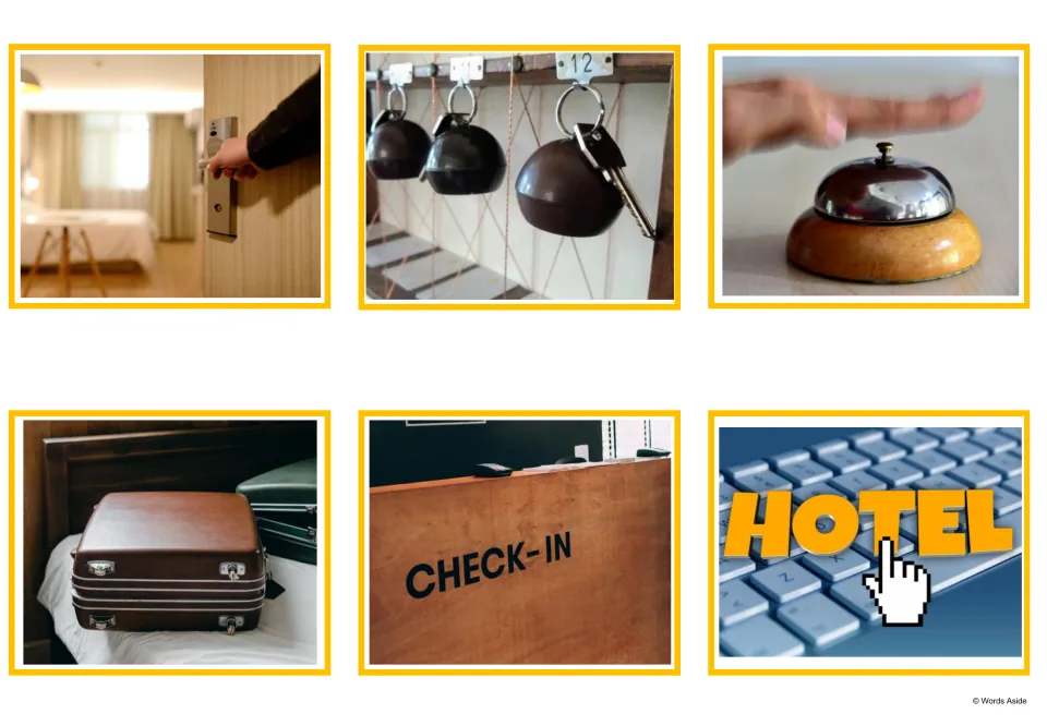 Hotel photo flashcards: room door, room keys, call bell, suitcase on a bed, check-in desk and a HOTEL keyboard sign