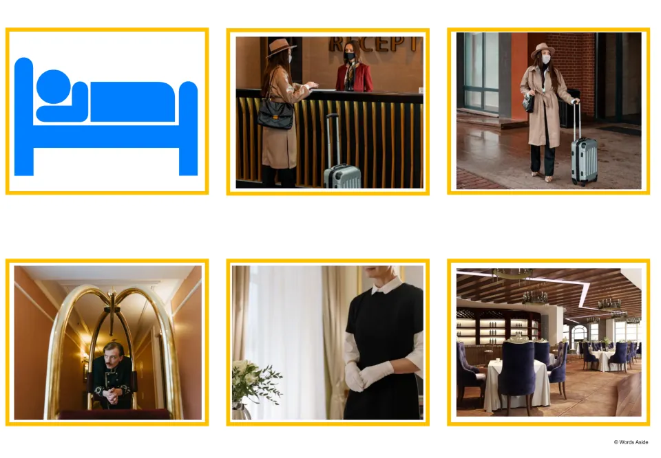 Hotel photo flashcards: bed icon, guest at reception, traveller with suitcase, porter with luggage cart, maid, restaurant