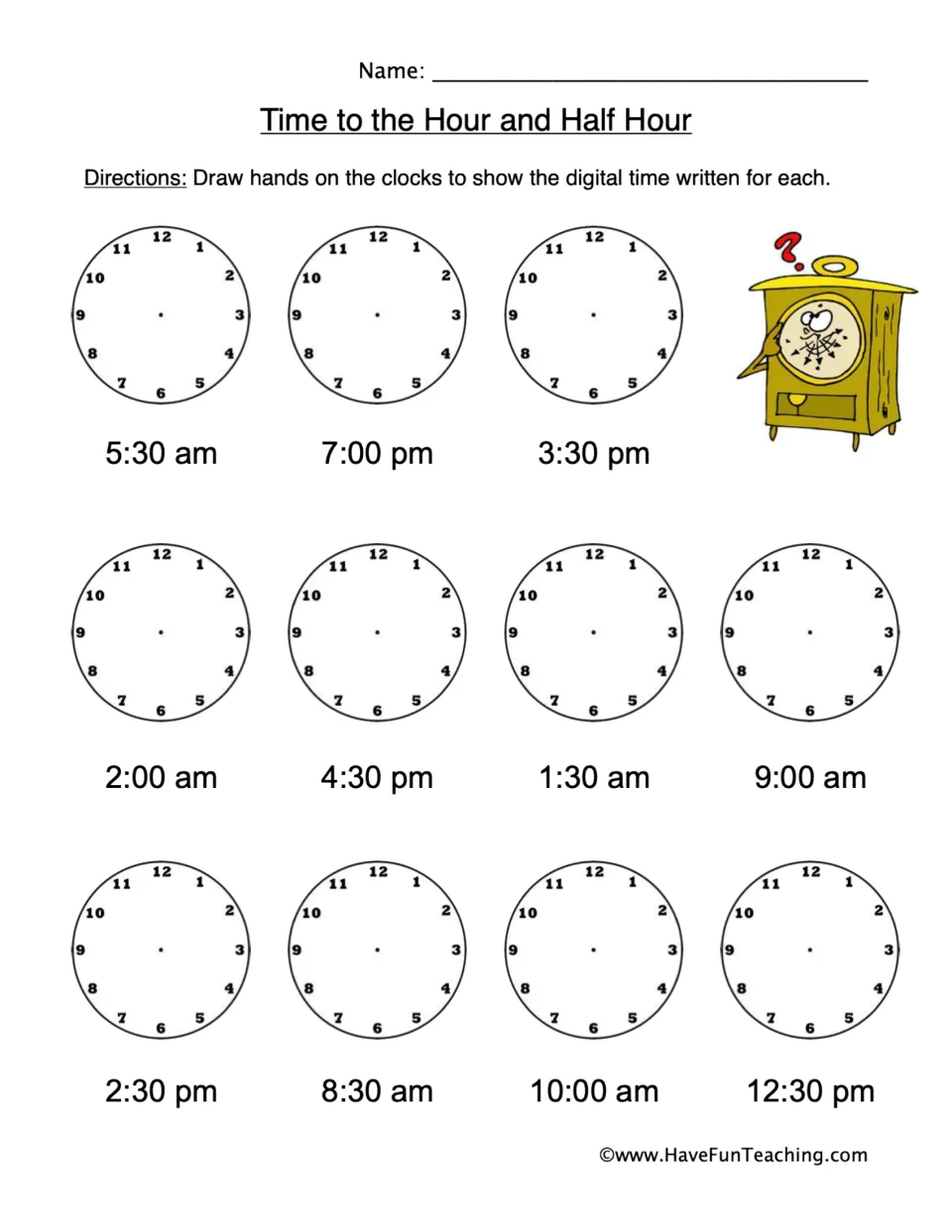 Time to the hour and half hour: students draw hands on 11 blank clocks to show digital times such as 5:30 am and 7:00 pm