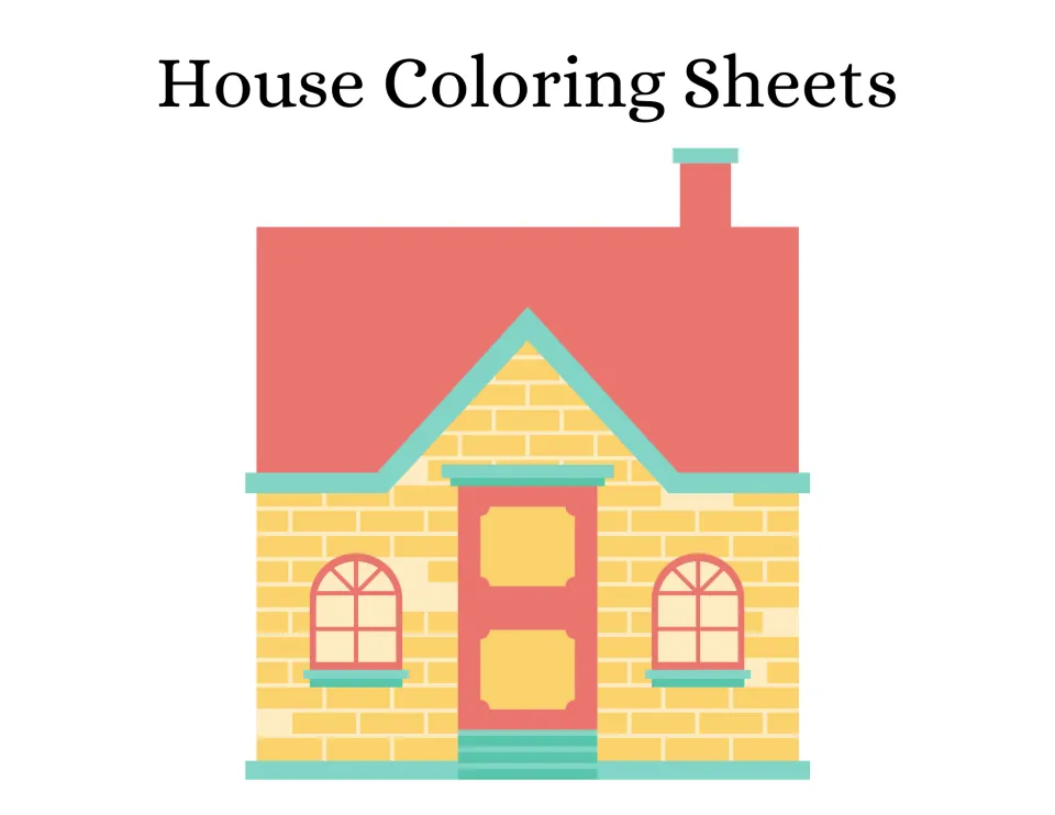 House Coloring Sheets cover: a color drawing of a yellow brick house with a red roof, chimney, arched windows and red door