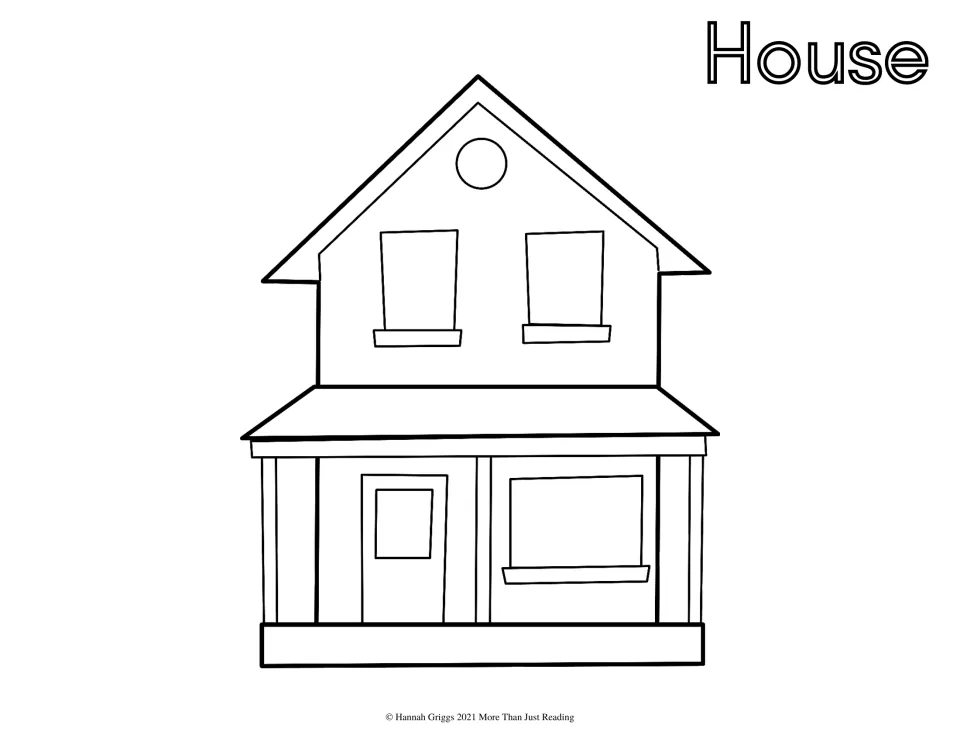 House coloring page: students color a two-story house with a front porch, door, round attic window and window boxes