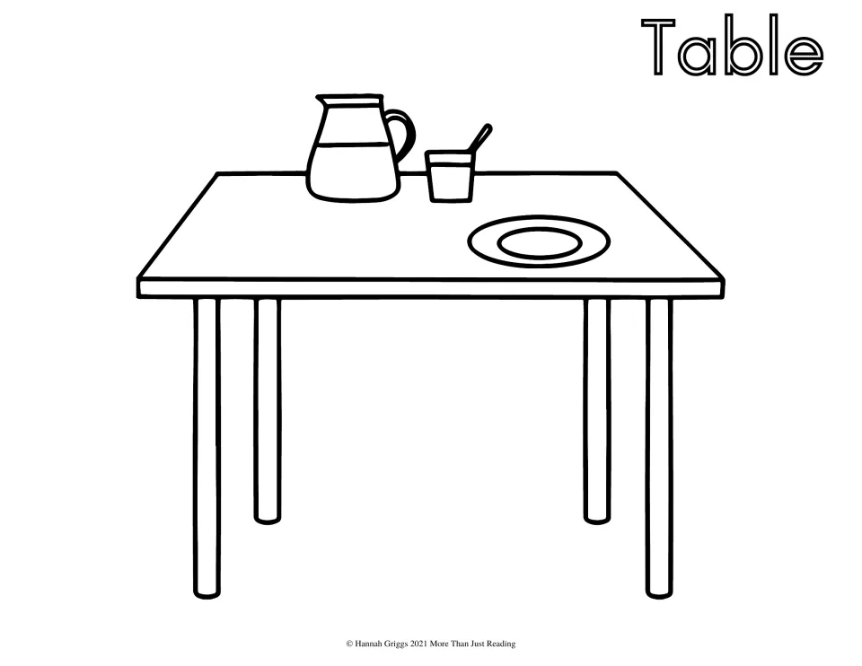 Table coloring page: students color a four-legged table set with a water pitcher, a cup with a spoon and a dinner plate