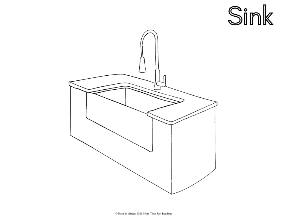 Sink coloring page: students color a kitchen island sink with a deep basin and a tall curved pull-down faucet