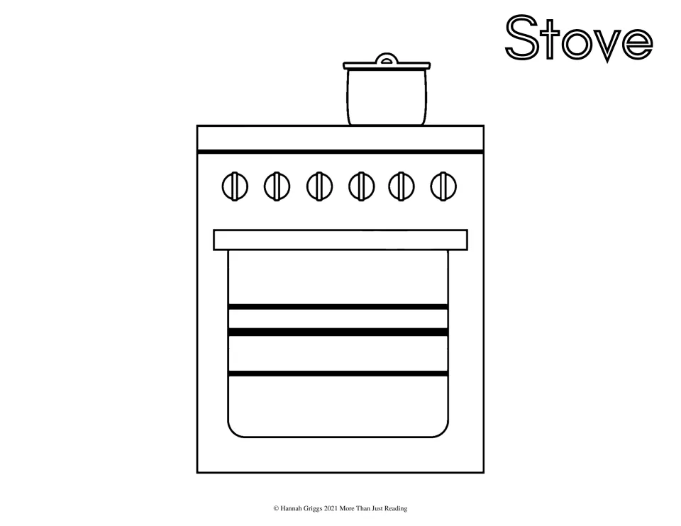 Stove coloring page: students color a kitchen stove with six control knobs, an oven door and a lidded pot on top