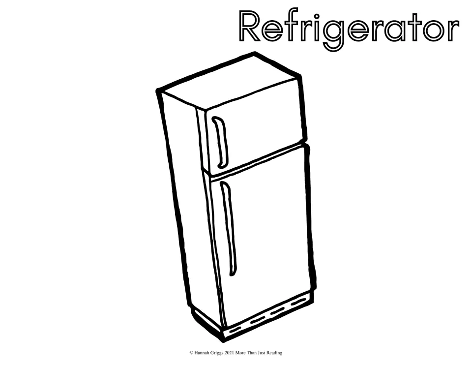 Refrigerator coloring page: students color a two-door fridge with a small freezer on top and long door handles