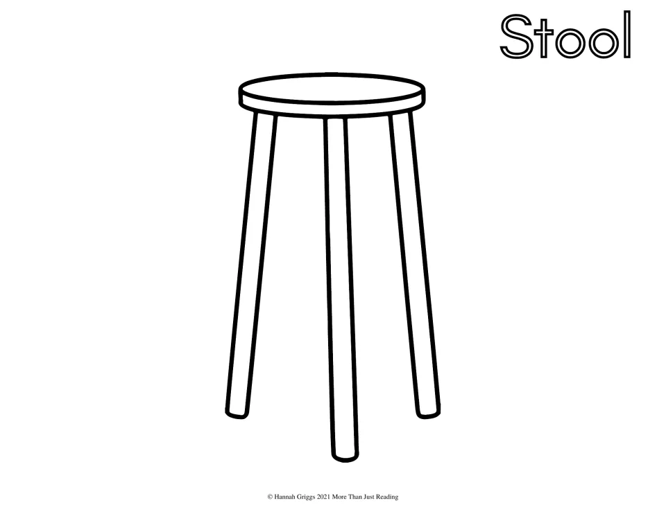 Stool coloring page: students color a tall stool with a round seat and three straight legs, labeled with the word Stool