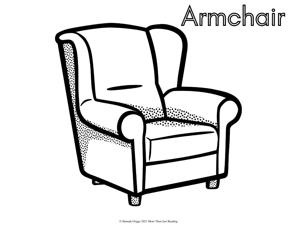 Armchair coloring page: students color a wingback armchair with rolled arms, a seat cushion and dotted shading