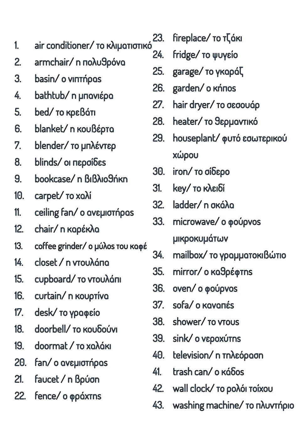 Vocabulary reference list for the flashcards: 43 English–Greek household terms, from air conditioner to washing machine