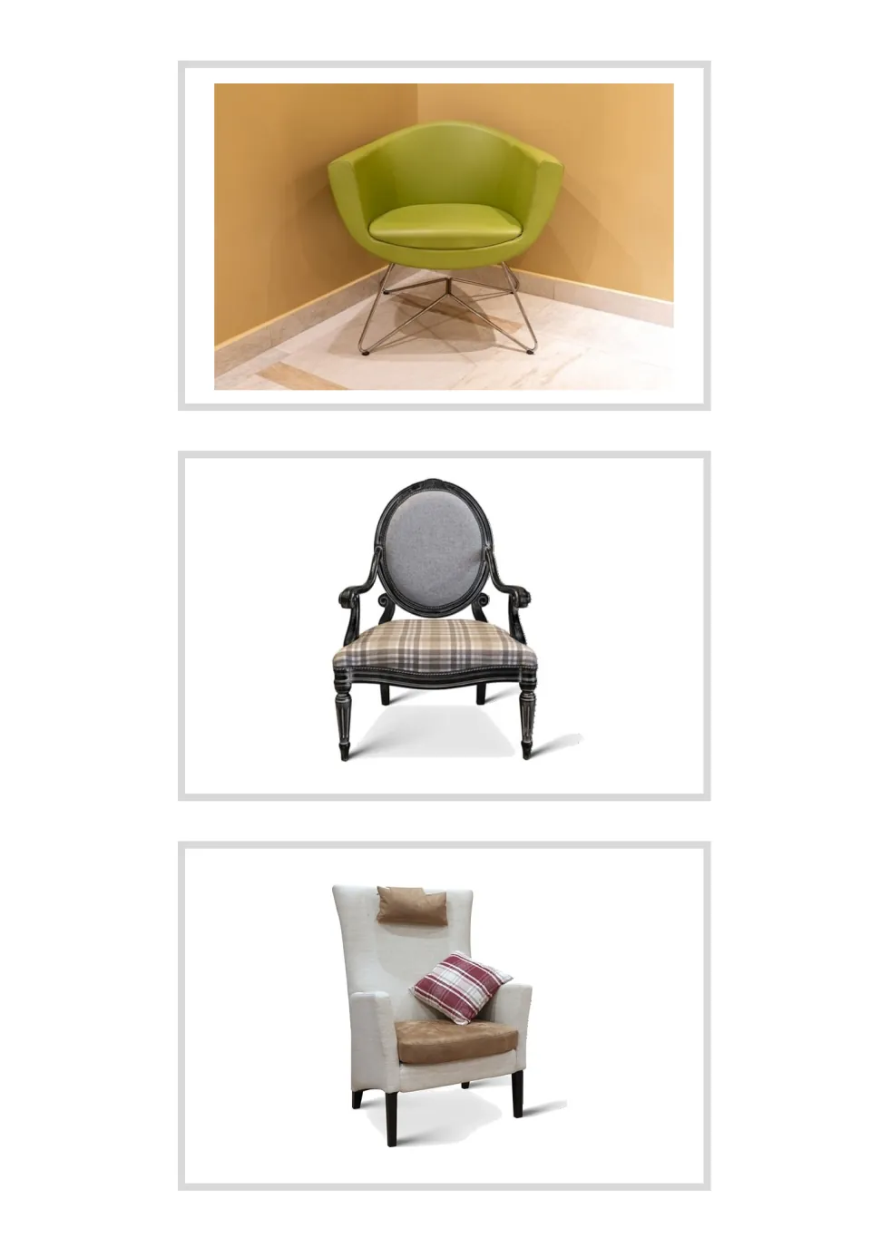 Three unlabeled armchair photo flashcards for Greek household vocabulary: green, patterned, and white chairs