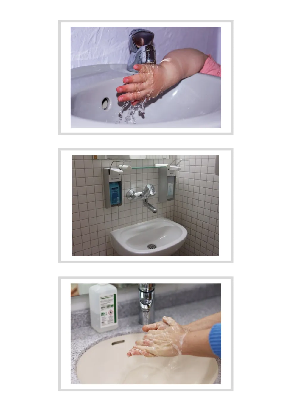 Three unlabeled basin photo flashcards for Greek household vocabulary, including two handwashing scenes