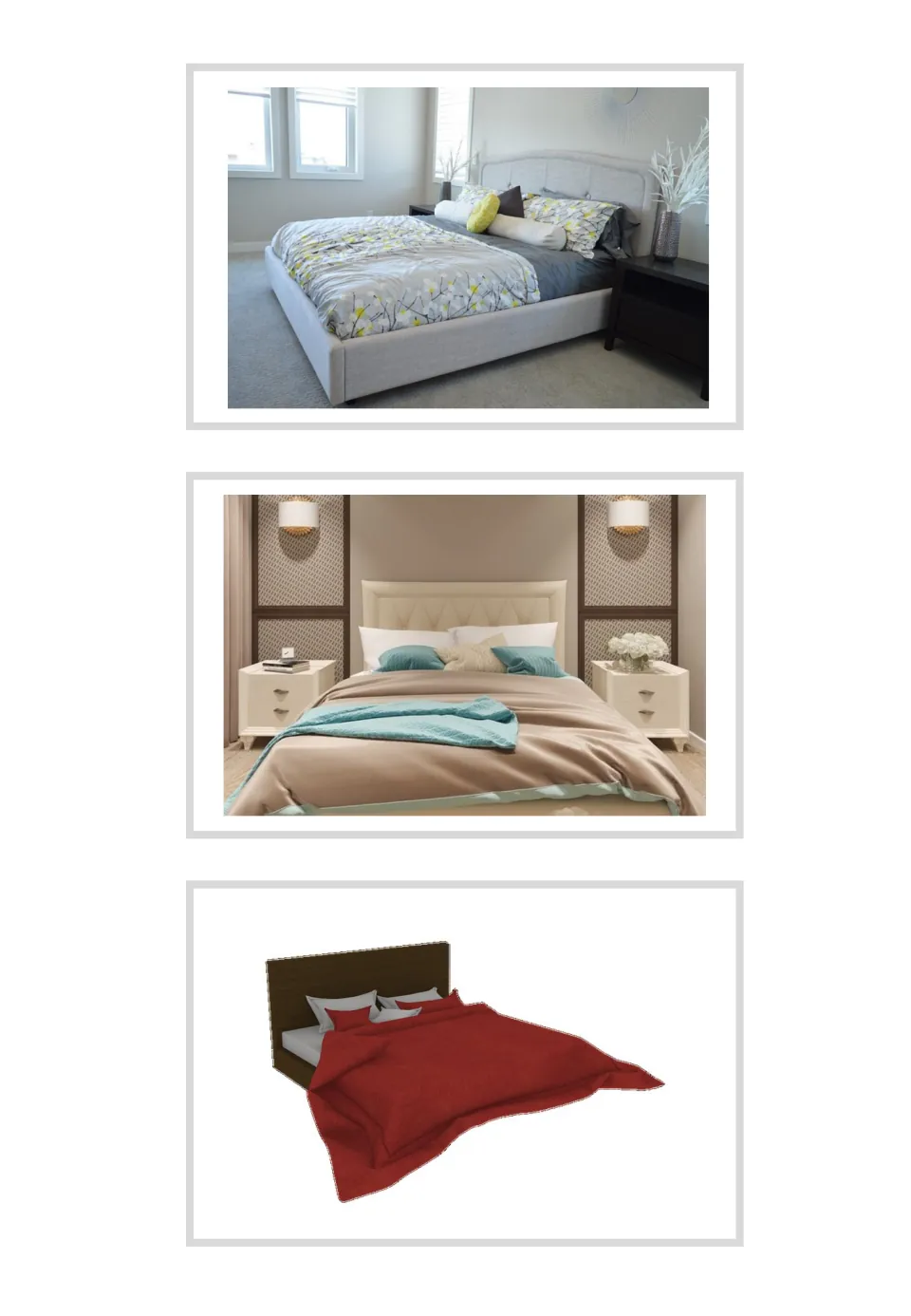 Three unlabeled bed photo flashcards for Greek household vocabulary: two bedroom scenes and a red-covered bed