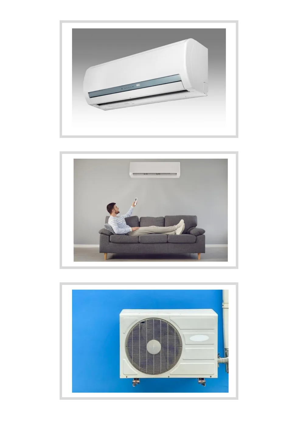 Three unlabeled Spanish vocabulary photo cards show air conditioners: two indoor views and one outdoor unit