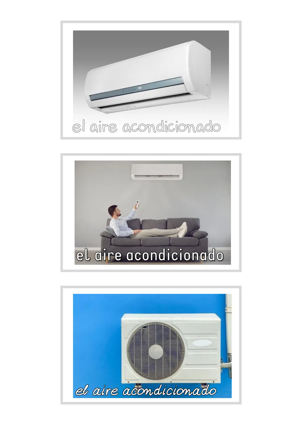 Three Spanish household photo flashcards labeled el aire acondicionado (air conditioner) in different fonts