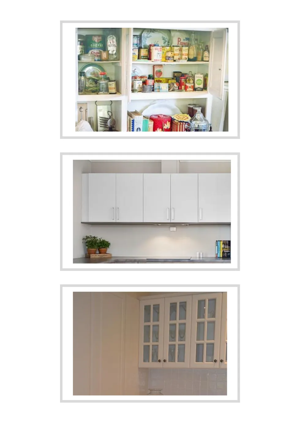 Three unlabeled Spanish household vocabulary photo cards show a stocked cupboard and two kitchen cabinet views