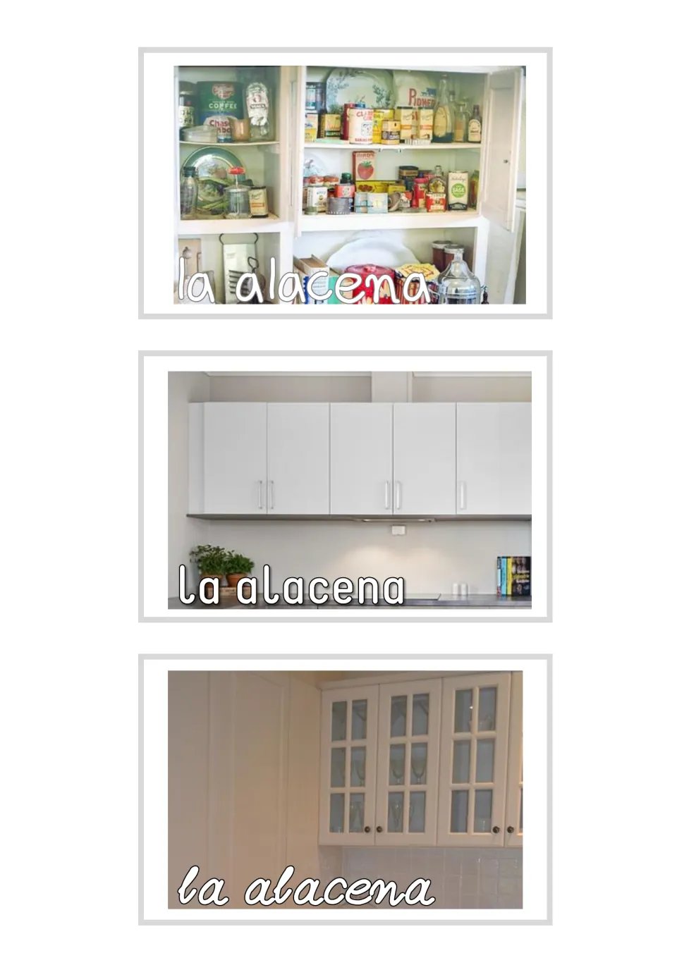 Three Spanish household photo flashcards labeled la alacena (cupboard), showing different kitchen cabinets