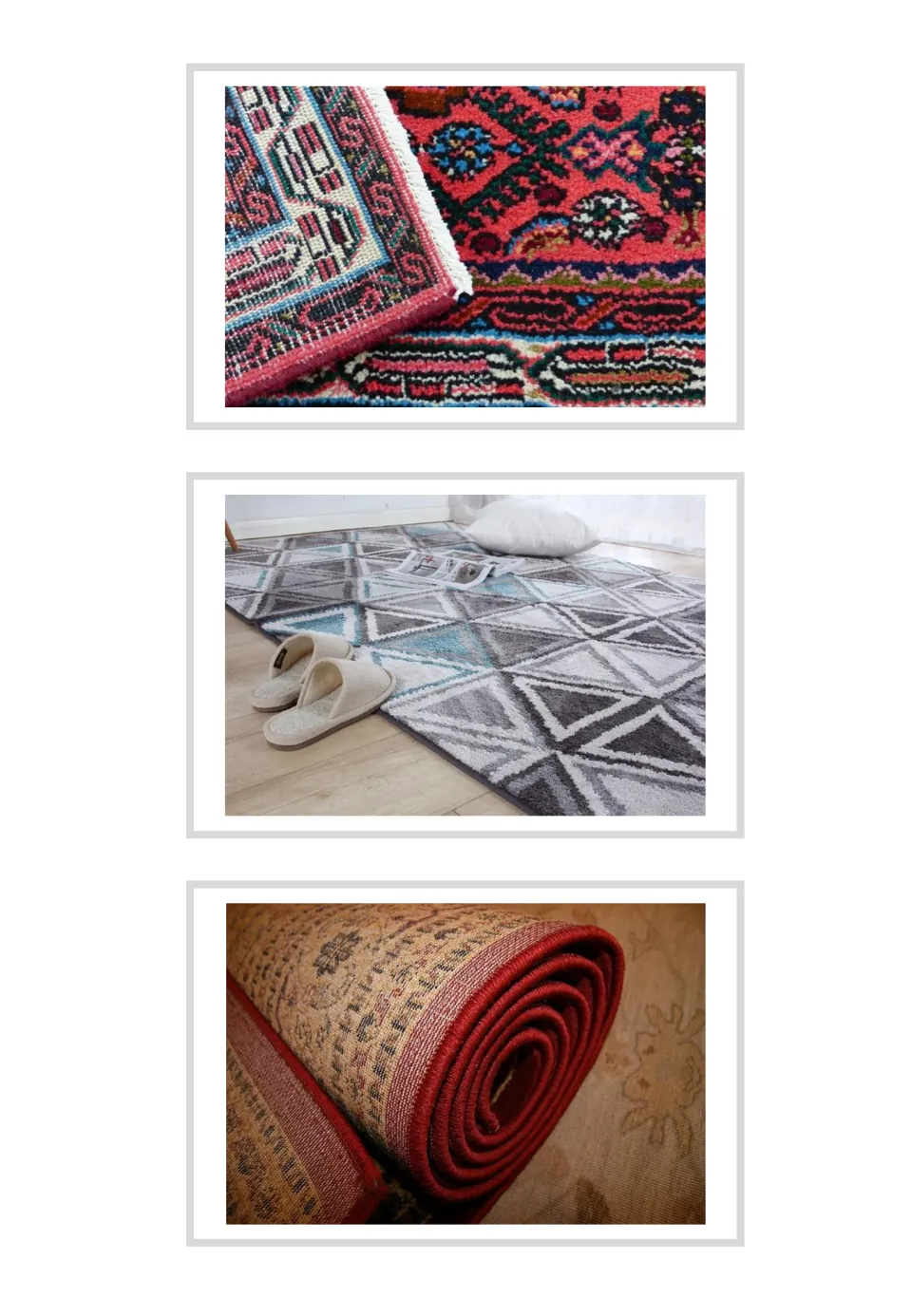 Three unlabeled Spanish household vocabulary photo cards show patterned rugs, a rug on a floor, and a rolled rug