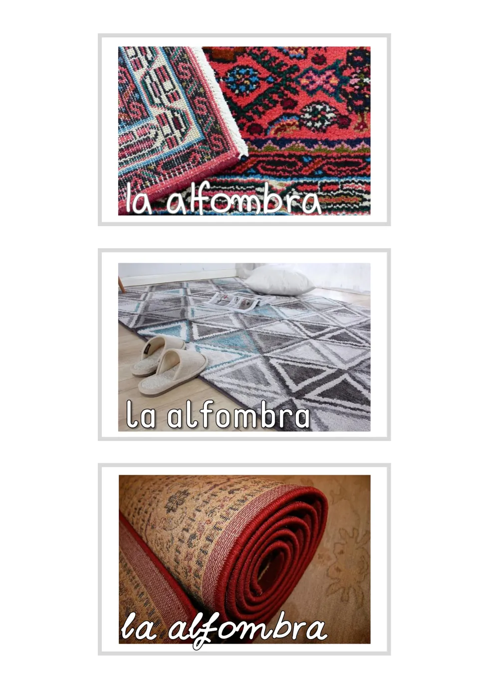 Three Spanish household photo flashcards labeled la alfombra (rug), showing patterned, flat, and rolled rugs