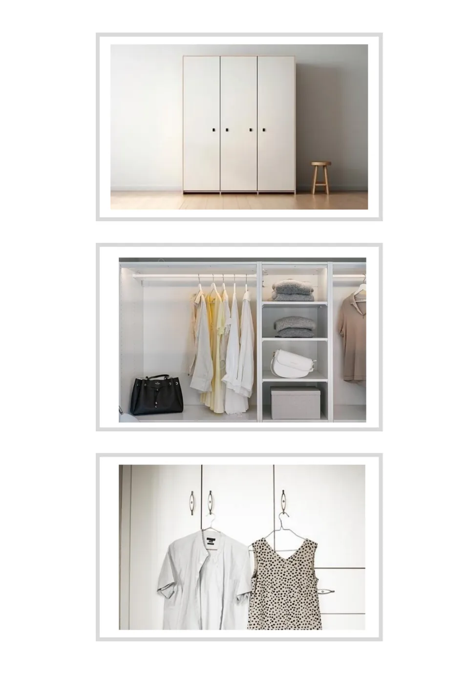 Three unlabeled Spanish household vocabulary photo cards show a closed wardrobe, an open closet, and closet doors