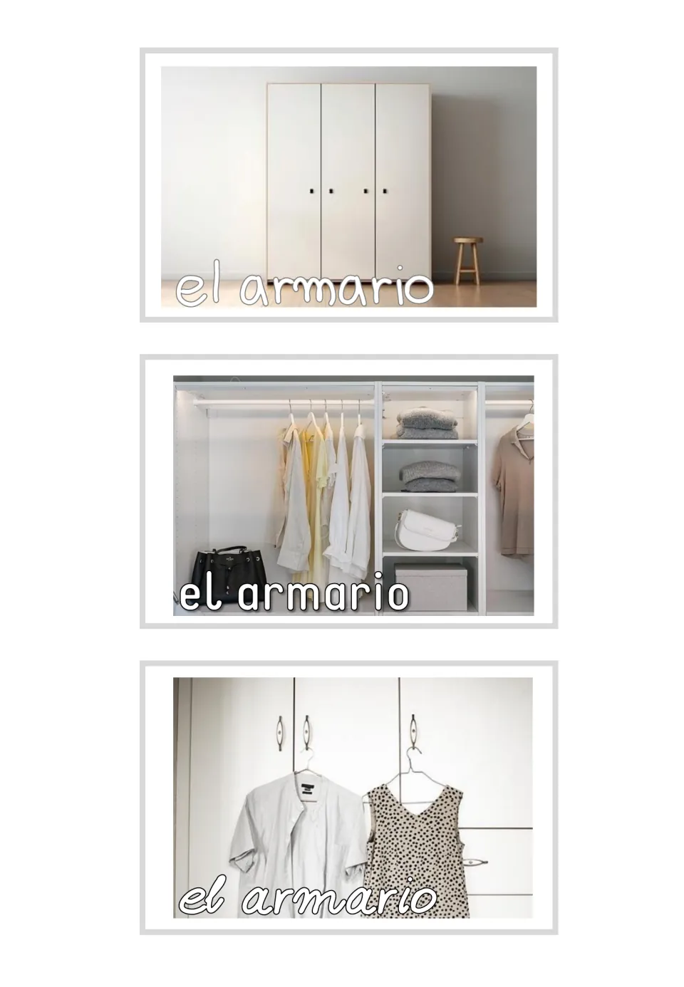 Three Spanish household photo flashcards labeled el armario (wardrobe), showing closed and open clothes storage