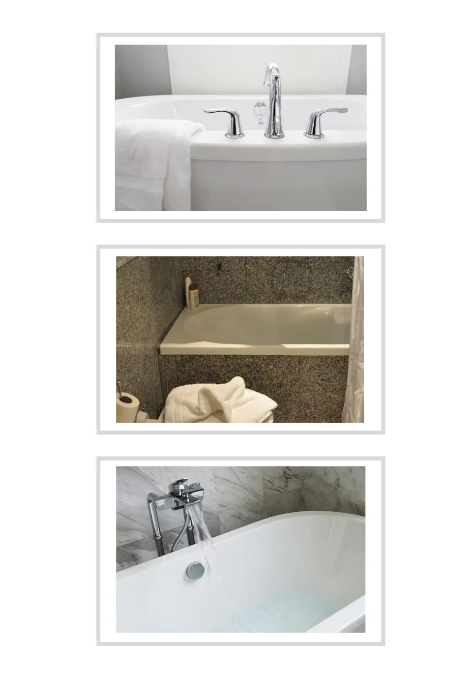 Three unlabeled Spanish household vocabulary photo cards show bathtubs, including a close-up and a filling tub