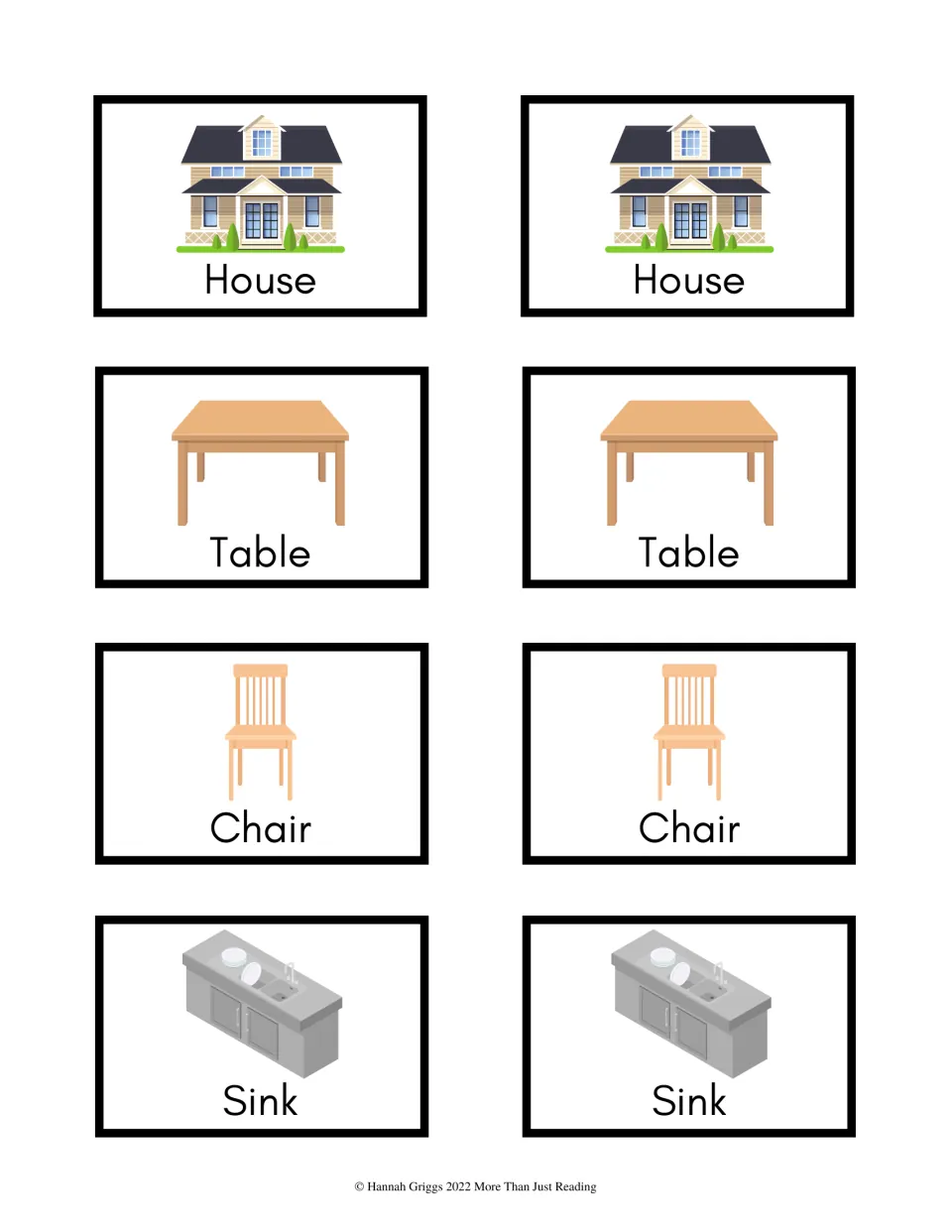 Household vocabulary cards 1–8 in the color deck: matching picture-and-word pairs for house, table, chair, and sink
