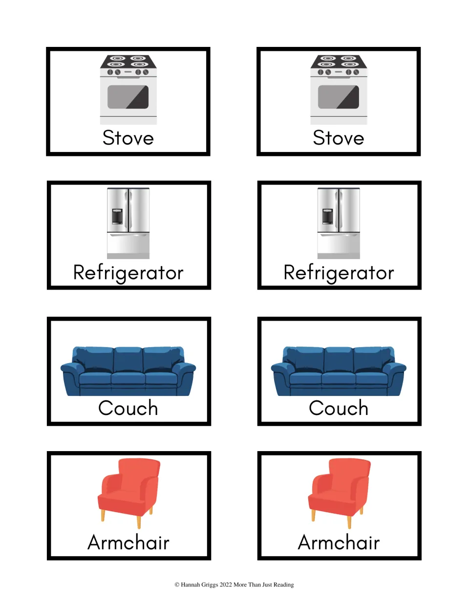Household vocabulary cards 9–16: color picture-and-word pairs for stove, refrigerator, couch, and armchair