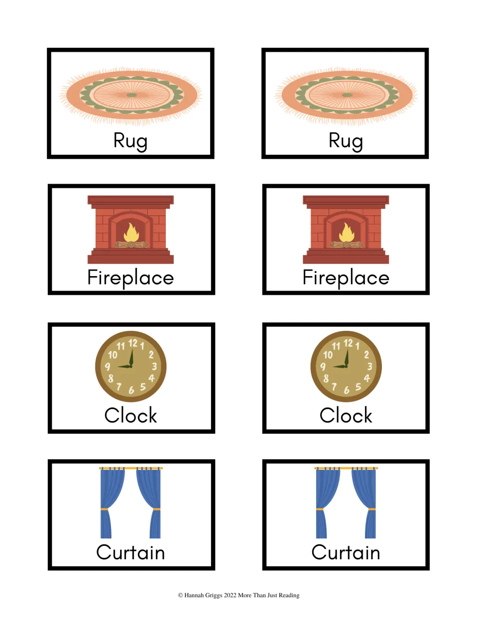 Household vocabulary cards 17–24: color picture-and-word pairs for rug, fireplace, clock, and curtain