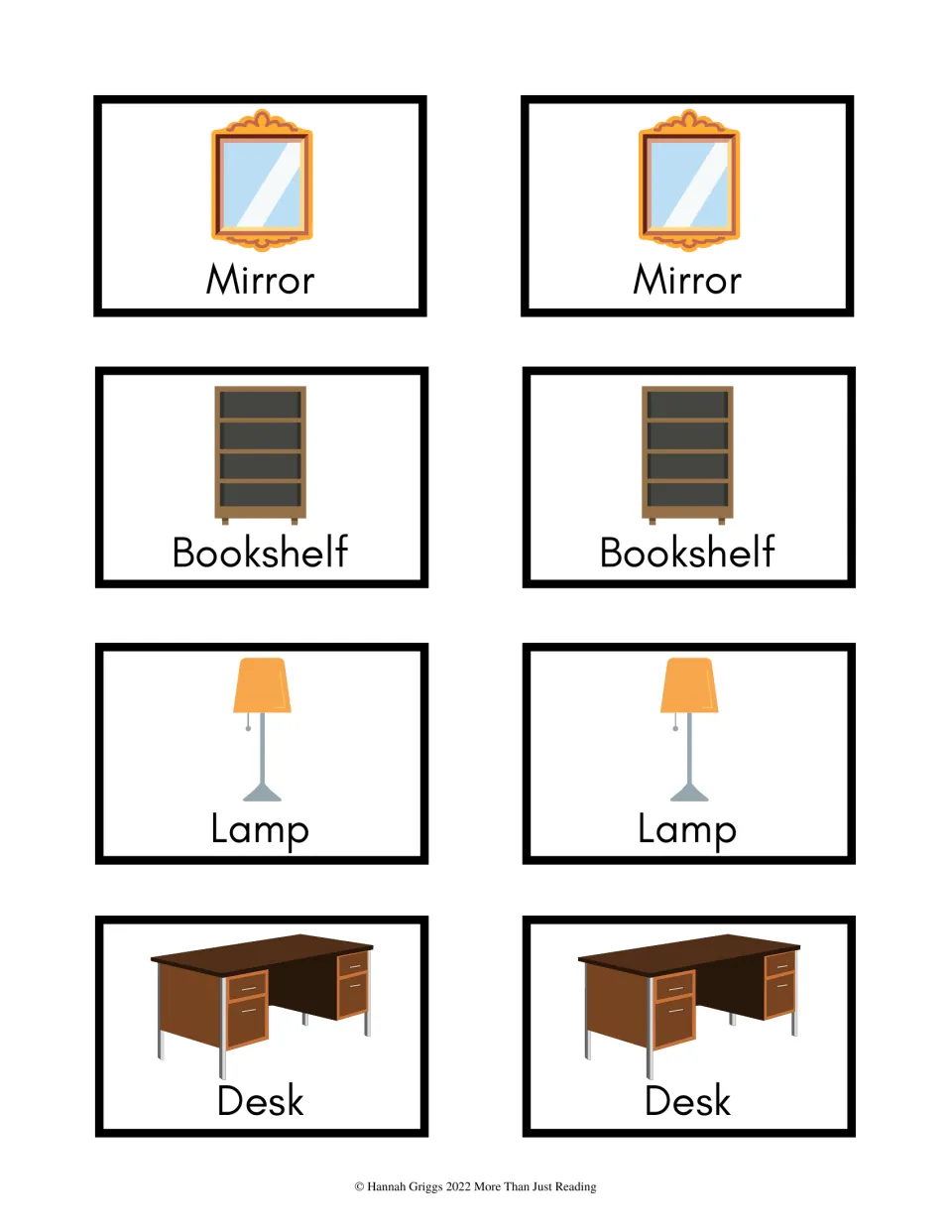 Household vocabulary cards 25–32: color picture-and-word pairs for mirror, bookshelf, lamp, and desk