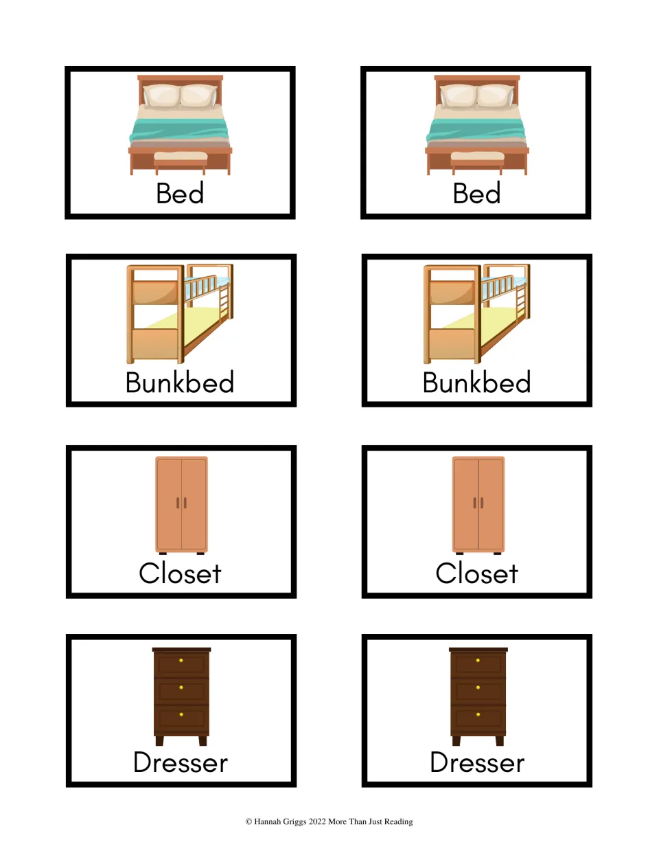 Household vocabulary cards 33–40: color picture-and-word pairs for bed, bunkbed, closet, and dresser