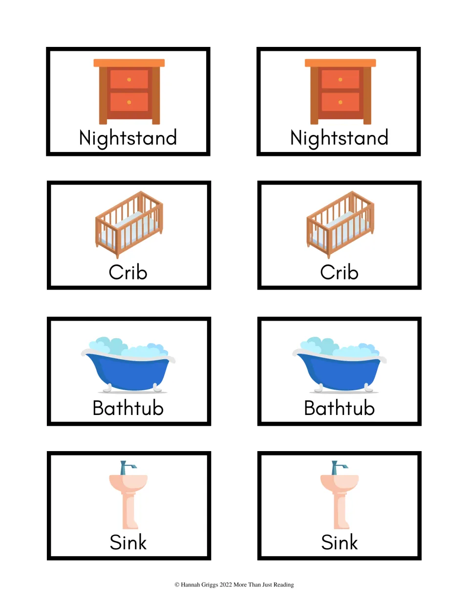 Household vocabulary cards 41–48: color picture-and-word pairs for nightstand, crib, bathtub, and sink