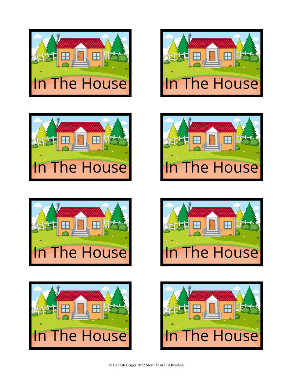 Eight matching card backs labeled In The House, each showing a house, for the color vocabulary game deck