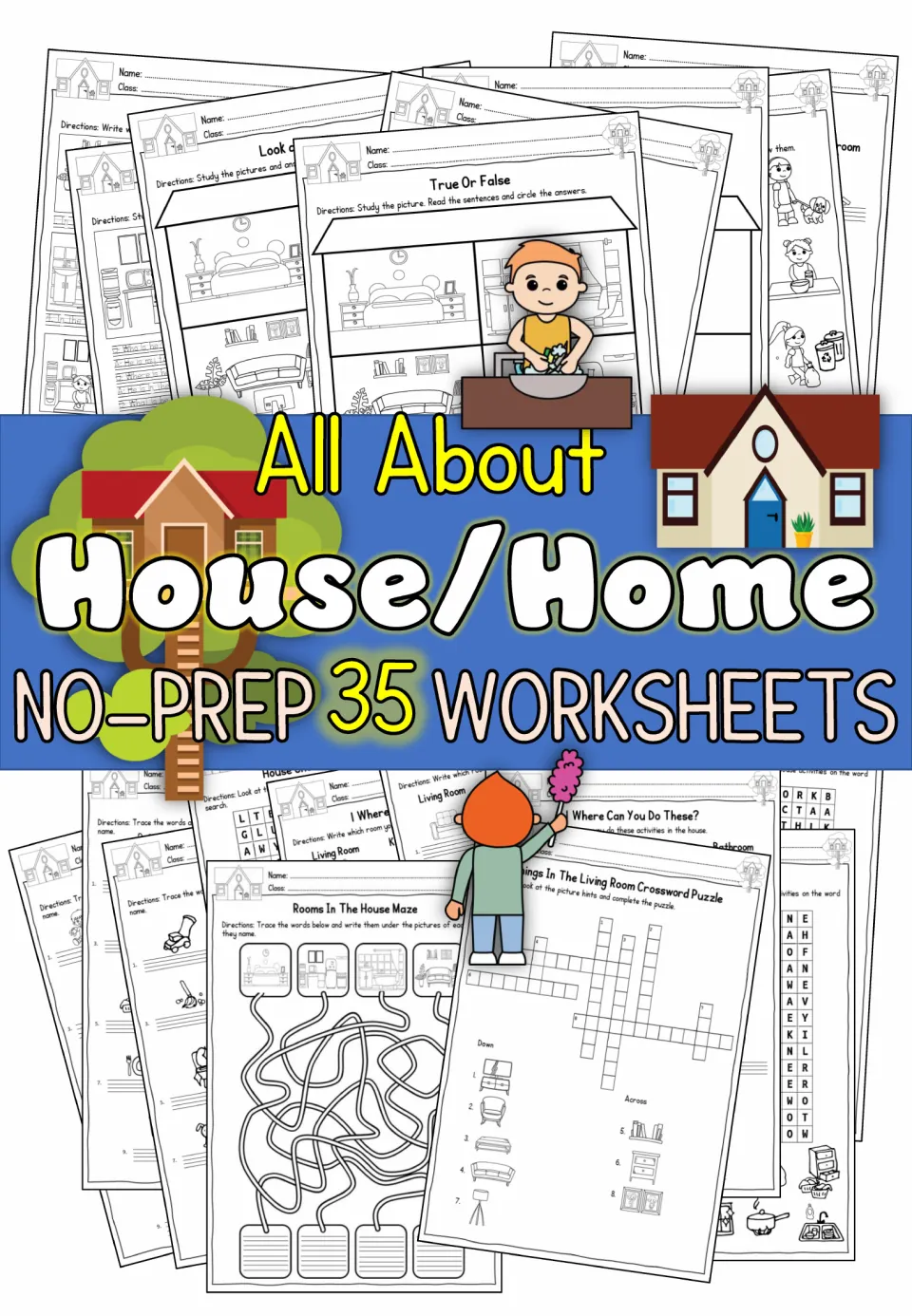 Cover of the house and home ELA resource advertising 35 no-prep worksheets, with sample activity pages