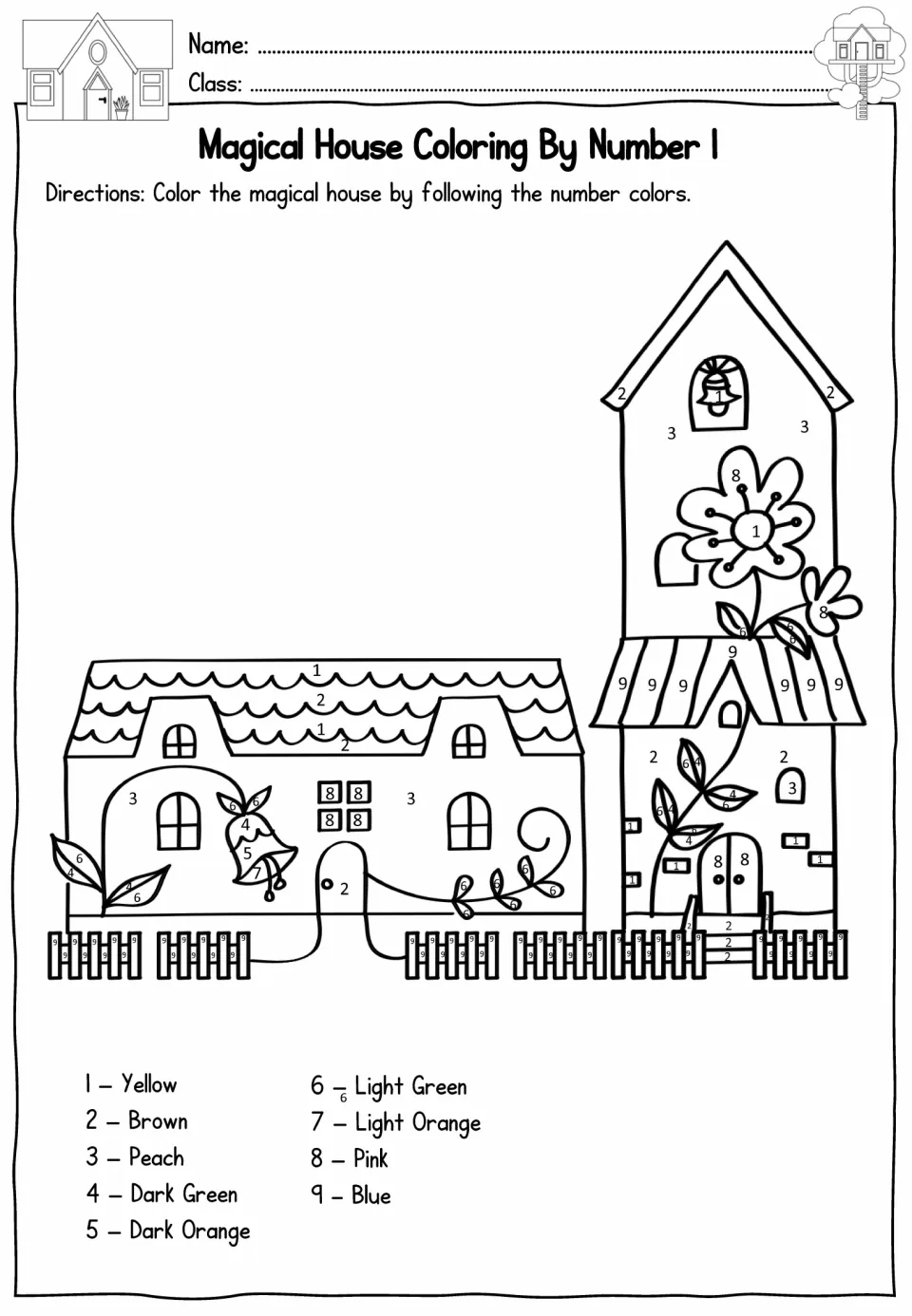 House color-by-number worksheet 1 featuring two flower-decorated houses and a nine-color number key