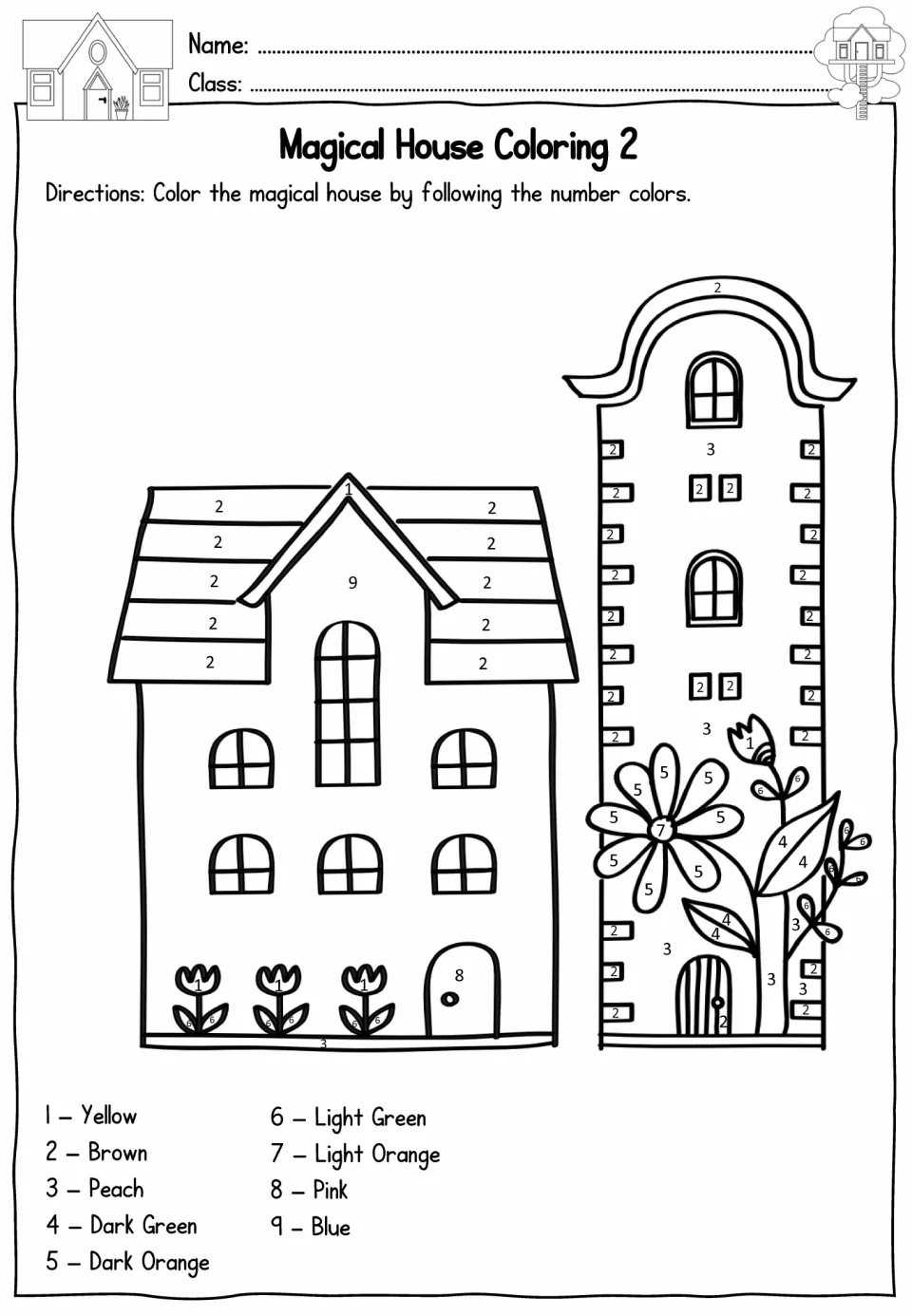 House color-by-number worksheet 2 featuring two tall houses with flowers and a nine-color number key