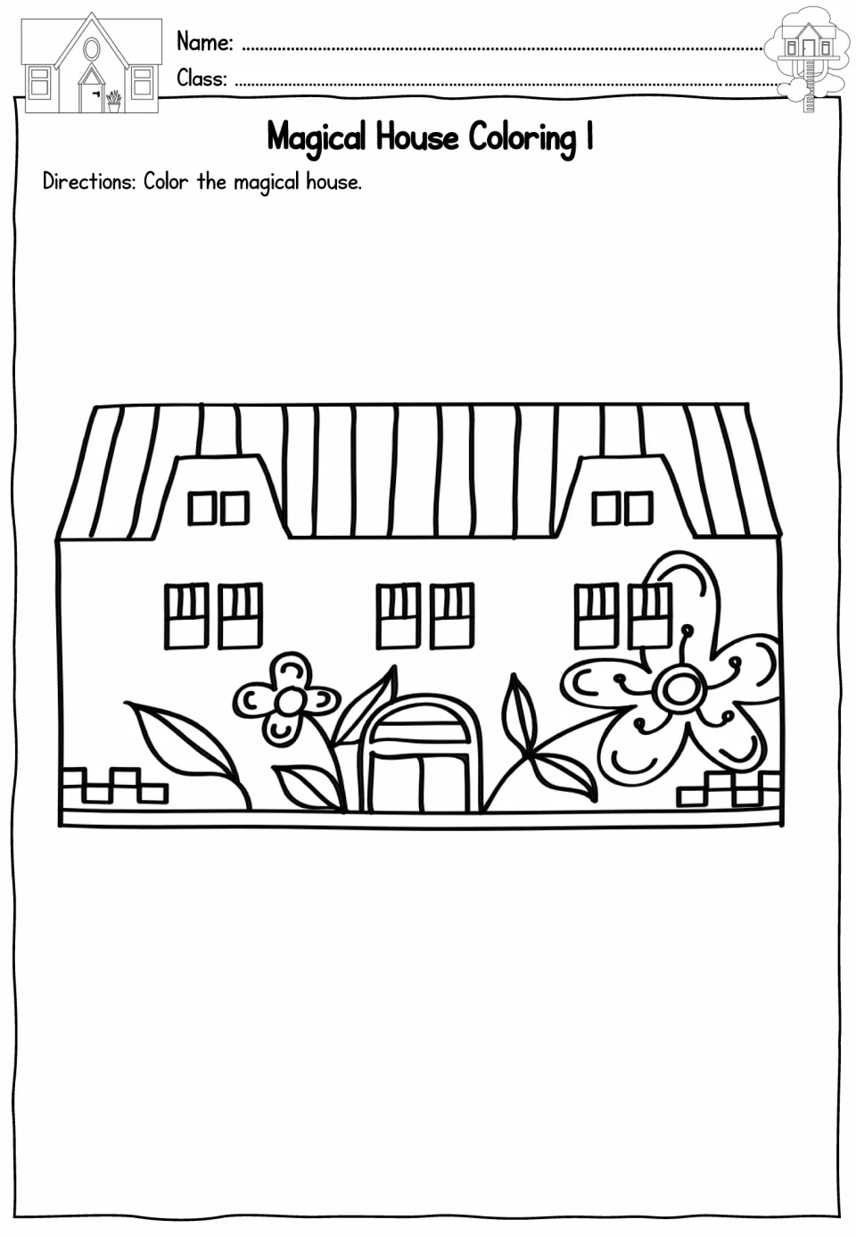 Magical house coloring worksheet 1 featuring a wide house with large flowers, leaves, and an arched door